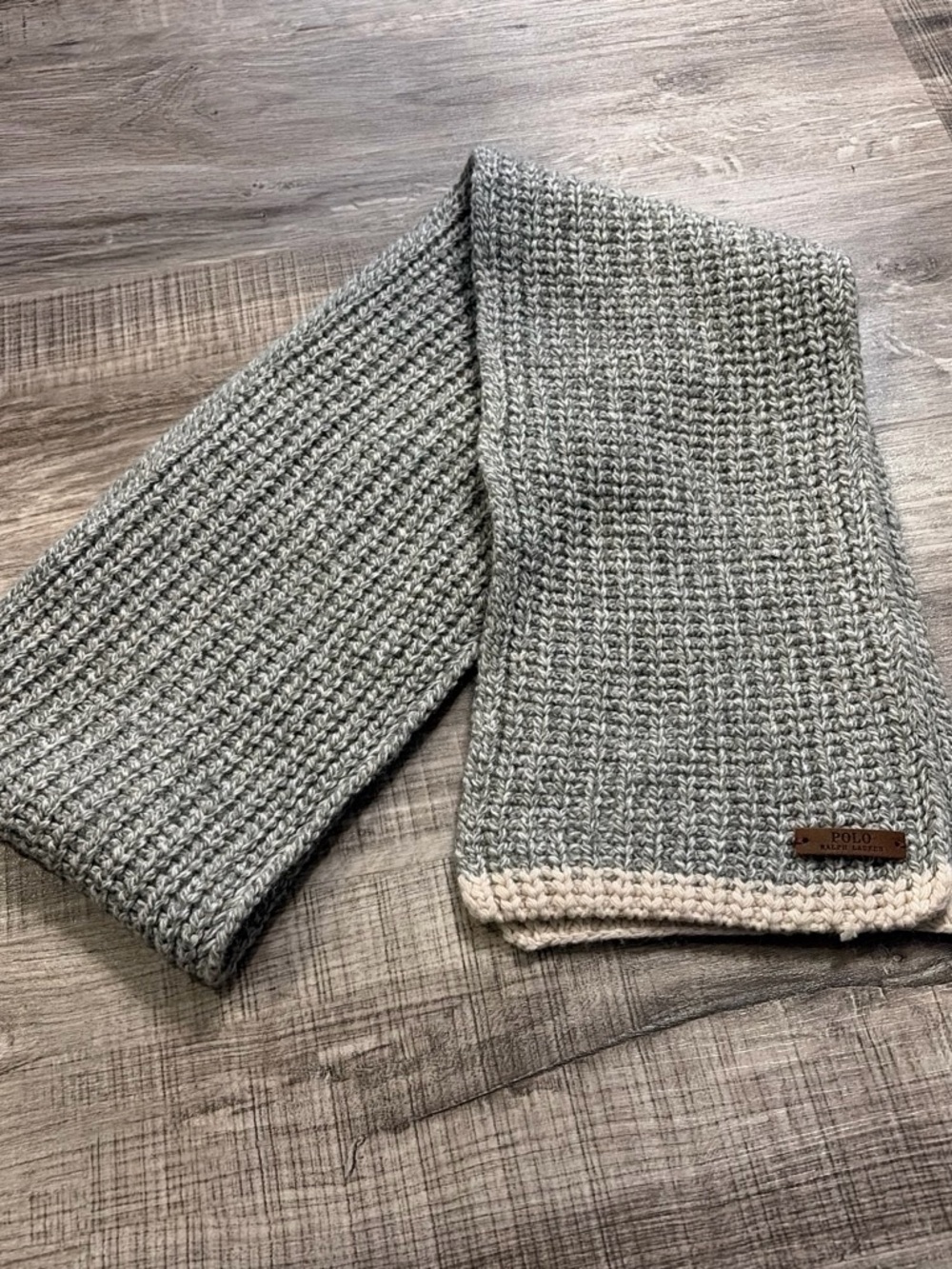Polo by Ralph Lauren Gray Knit Scarf with Cream Trim